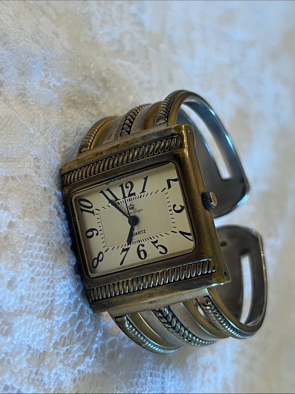 Antique Brass-Tone Cuff Watch with Cream Dial